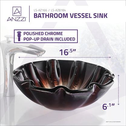 ANZZI Tara Series 17" x 17" Round Opal Crest Deco-Glass Vessel Sink With Polished Chrome Pop-Up Drain