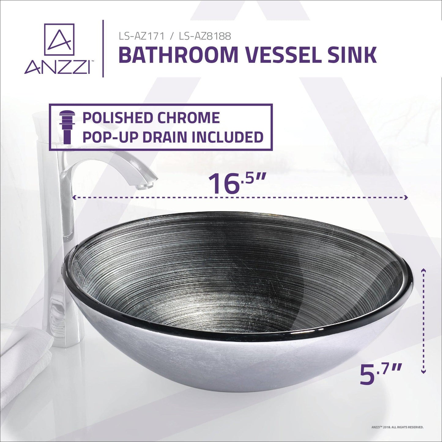 ANZZI Tara Series 17" x 17" Round Precious Storm Deco-Glass Vessel Sink With Polished Chrome Pop-Up Drain