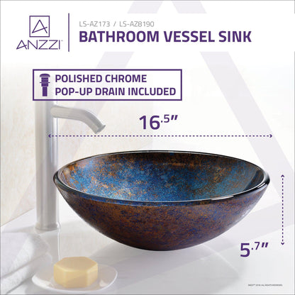 ANZZI Tara Series 17" x 17" Round Sapphire Burst Deco-Glass Vessel Sink With Polished Chrome Pop-Up Drain