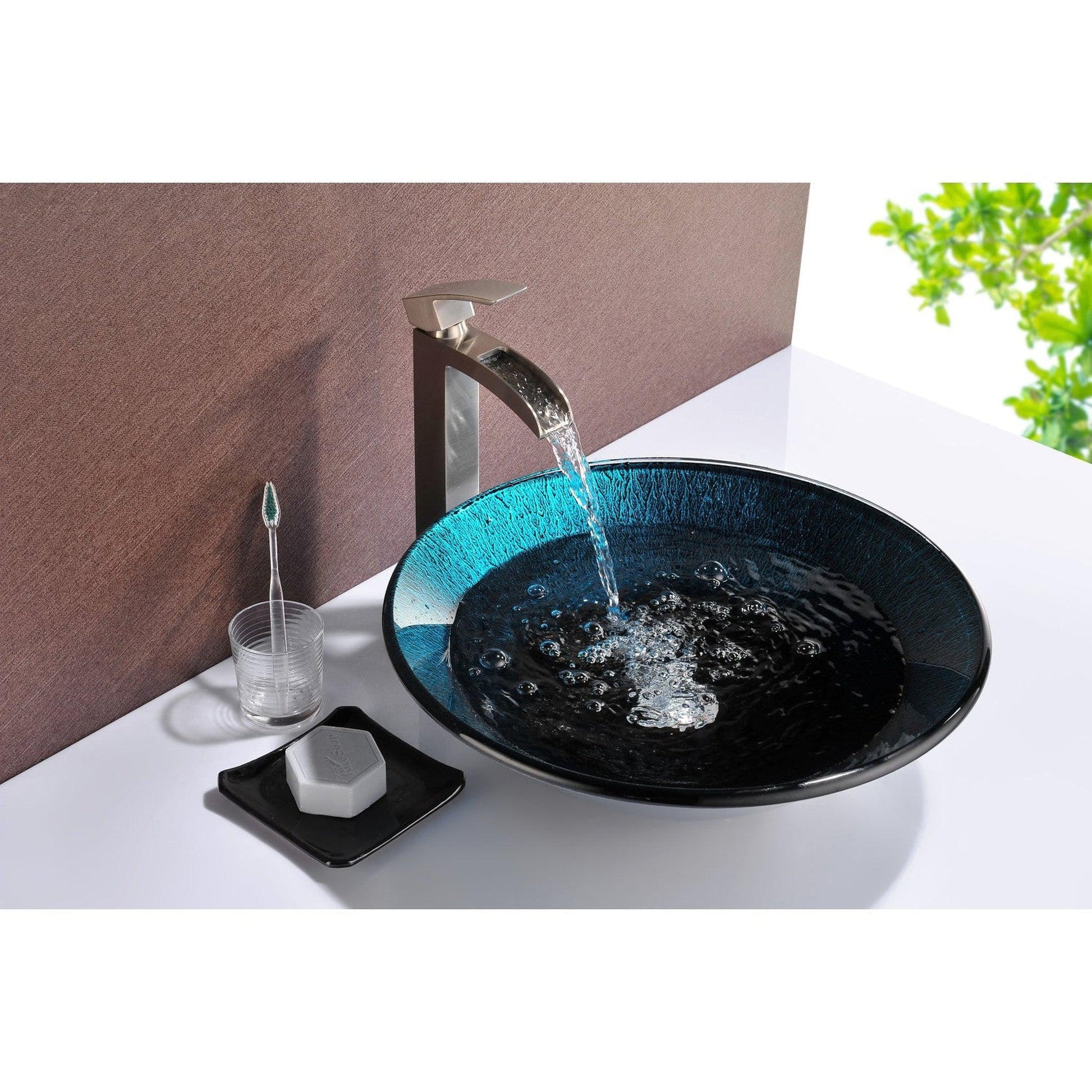 ANZZI Tara Series 18" x 18" Round Marine Crest Deco-Glass Vessel Sink With Chrome Pop-Up Drain