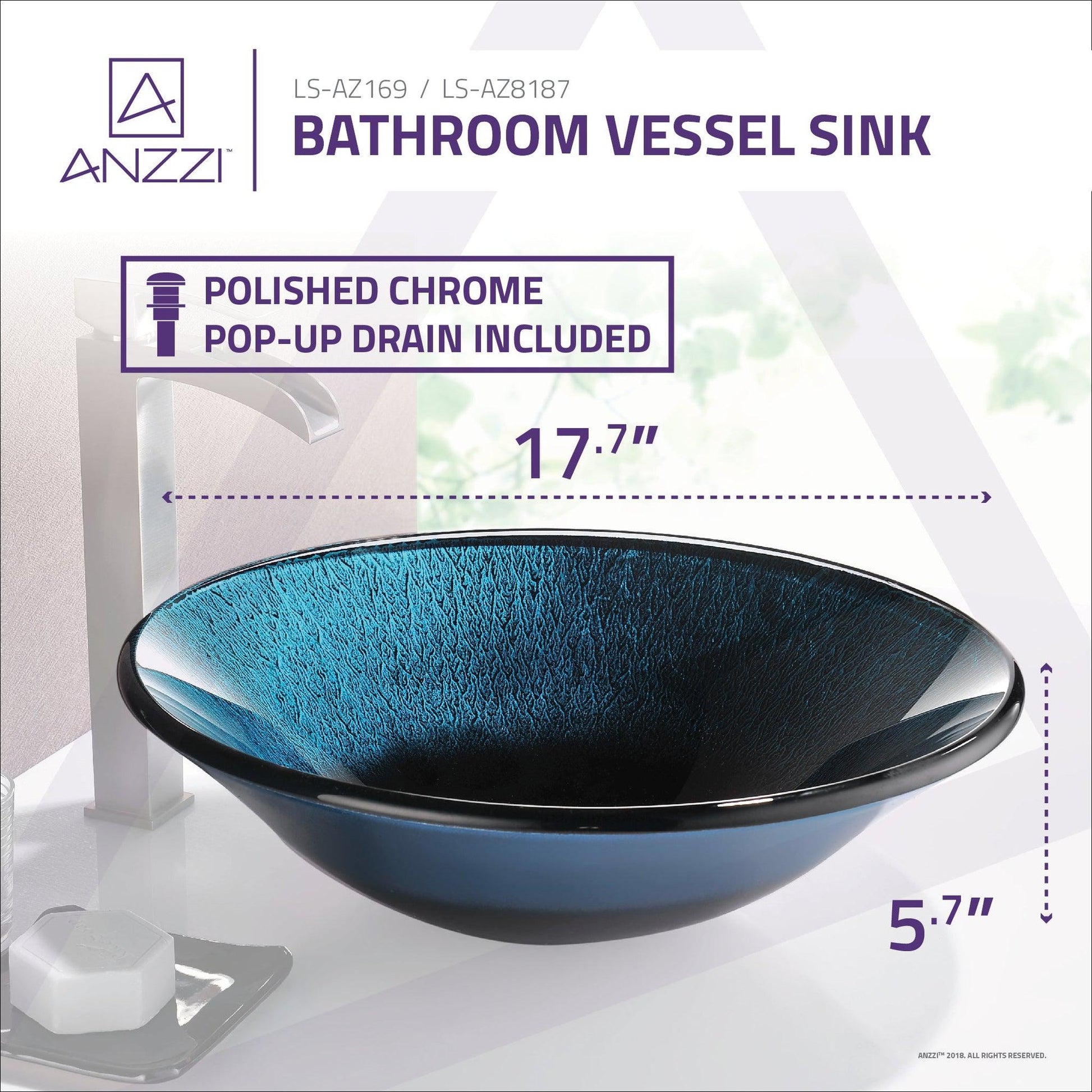 ANZZI Tara Series 18" x 18" Round Marine Crest Deco-Glass Vessel Sink With Chrome Pop-Up Drain