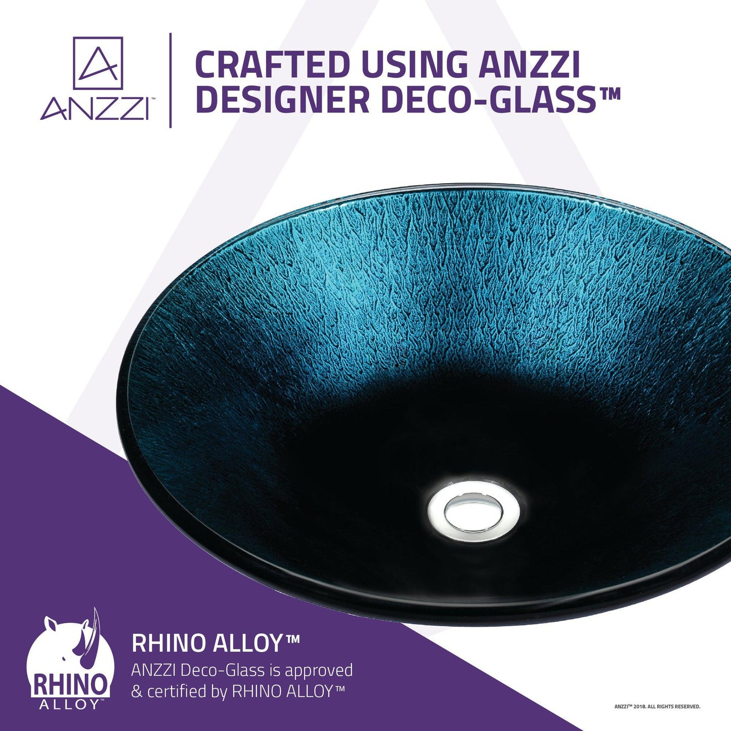 ANZZI Tara Series 18" x 18" Round Marine Crest Deco-Glass Vessel Sink With Chrome Pop-Up Drain