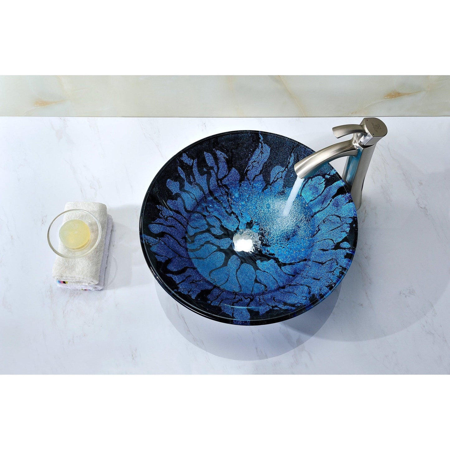 ANZZI Telina Series 18" x 18" Round Blue and Black Deco-Glass Vessel Sink With Polished Chrome Pop-Up Drain