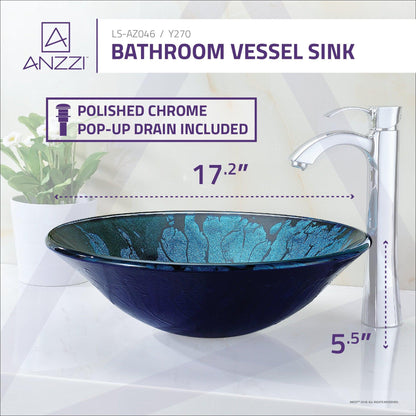 ANZZI Telina Series 18" x 18" Round Blue and Black Deco-Glass Vessel Sink With Polished Chrome Pop-Up Drain