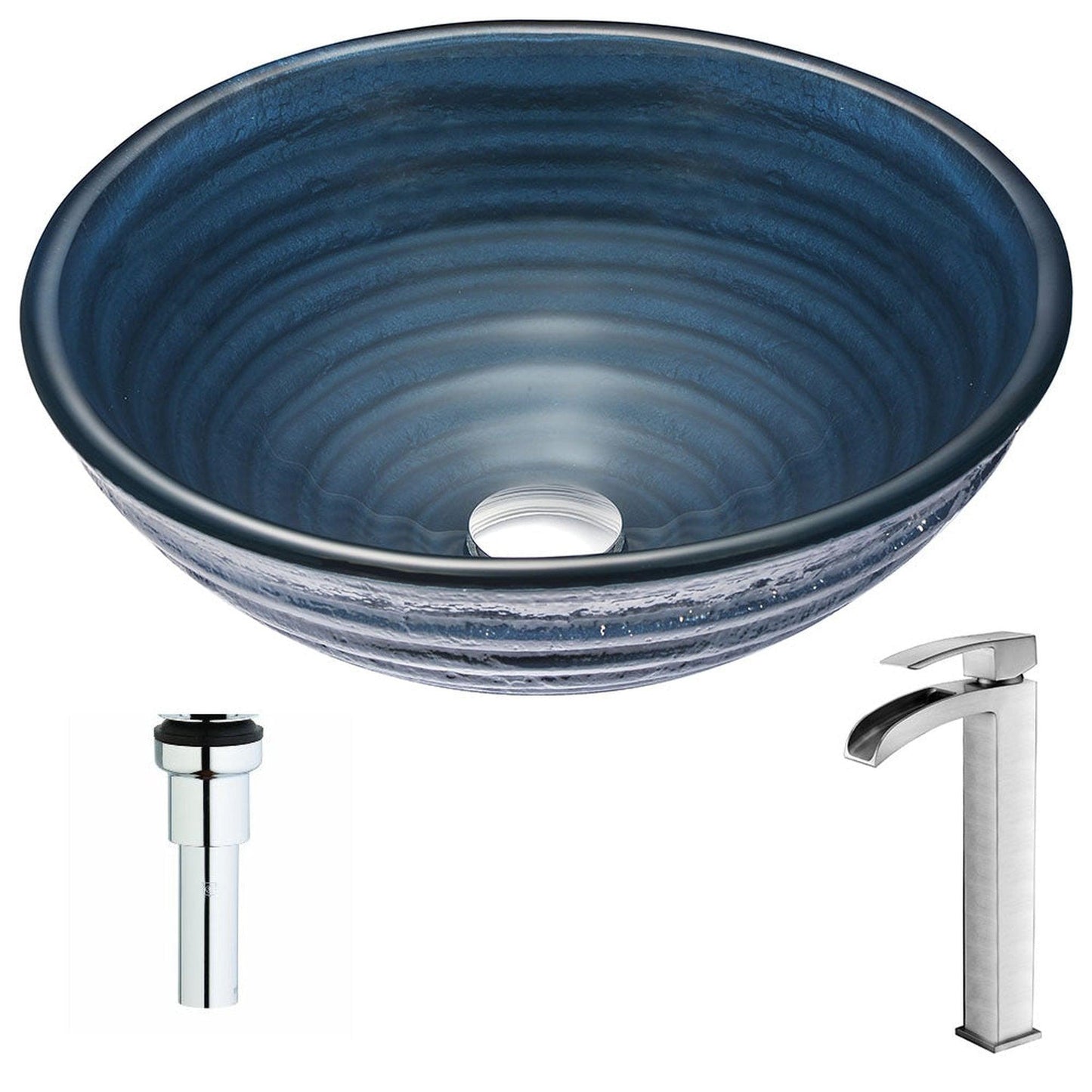 ANZZI Tempo Series 17" x 17" Round Coiled Blue Deco-Glass Vessel Sink With Chrome Pop-Up Drain and Brushed Nickel Key Faucet