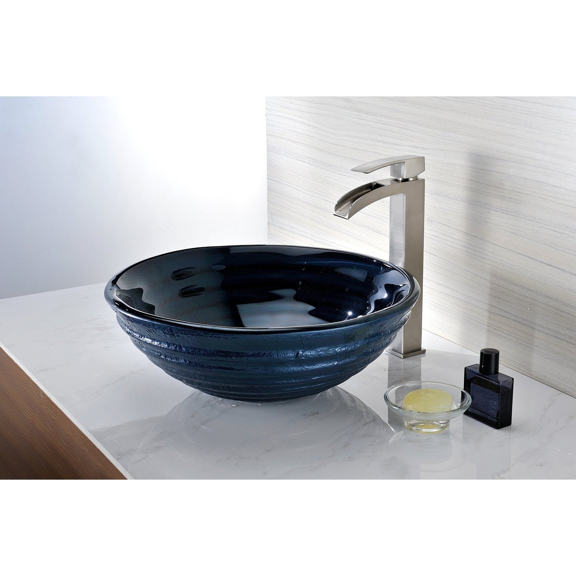 ANZZI Tempo Series 17" x 17" Round Coiled Blue Deco-Glass Vessel Sink With Polished Chrome Pop-Up Drain