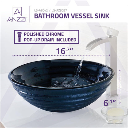 ANZZI Tempo Series 17" x 17" Round Coiled Blue Deco-Glass Vessel Sink With Polished Chrome Pop-Up Drain