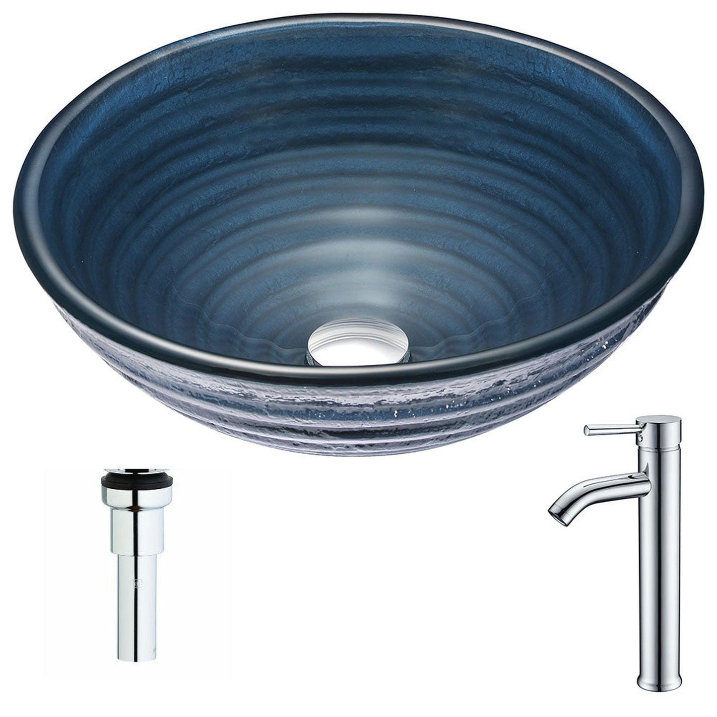 ANZZI Tempo Series 17" x 17" Round Coiled Blue Deco-Glass Vessel Sink With Polished Chrome Pop-Up Drain and Fann Faucet