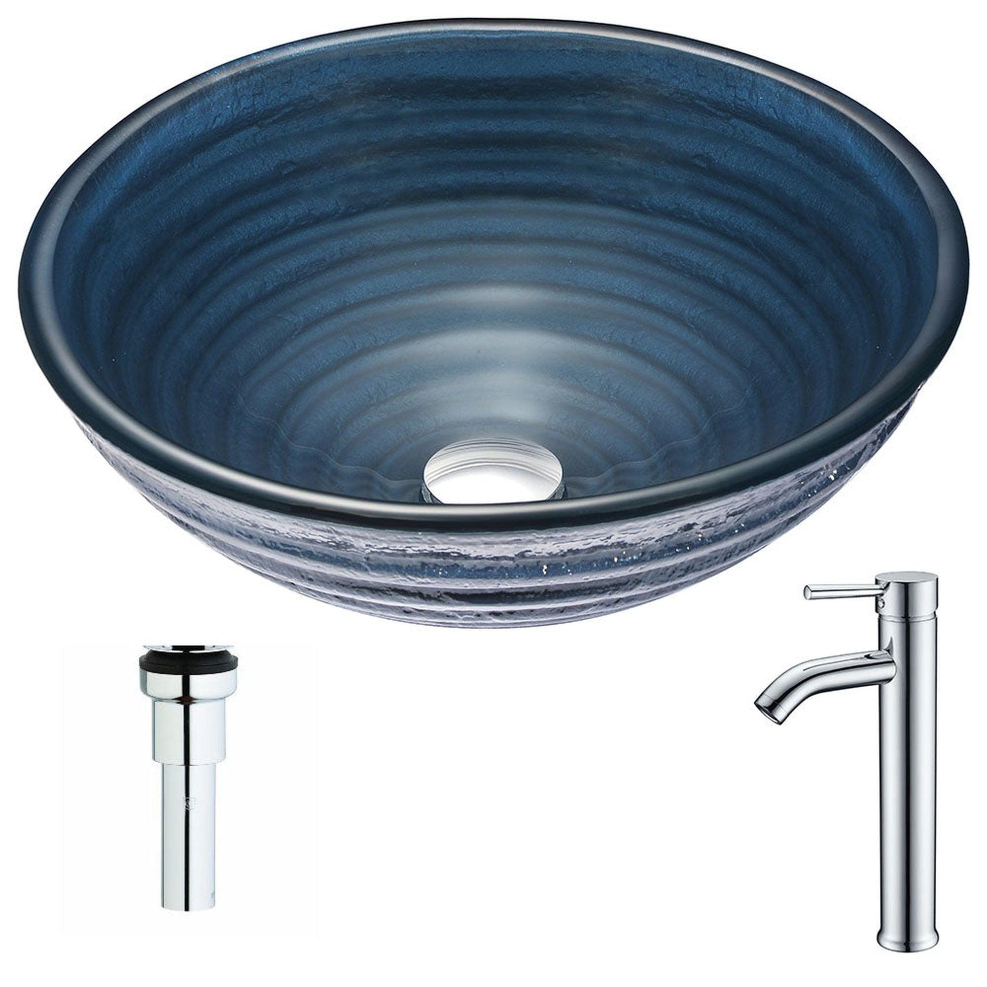 ANZZI Tempo Series 17" x 17" Round Coiled Blue Deco-Glass Vessel Sink With Polished Chrome Pop-Up Drain and Fann Faucet