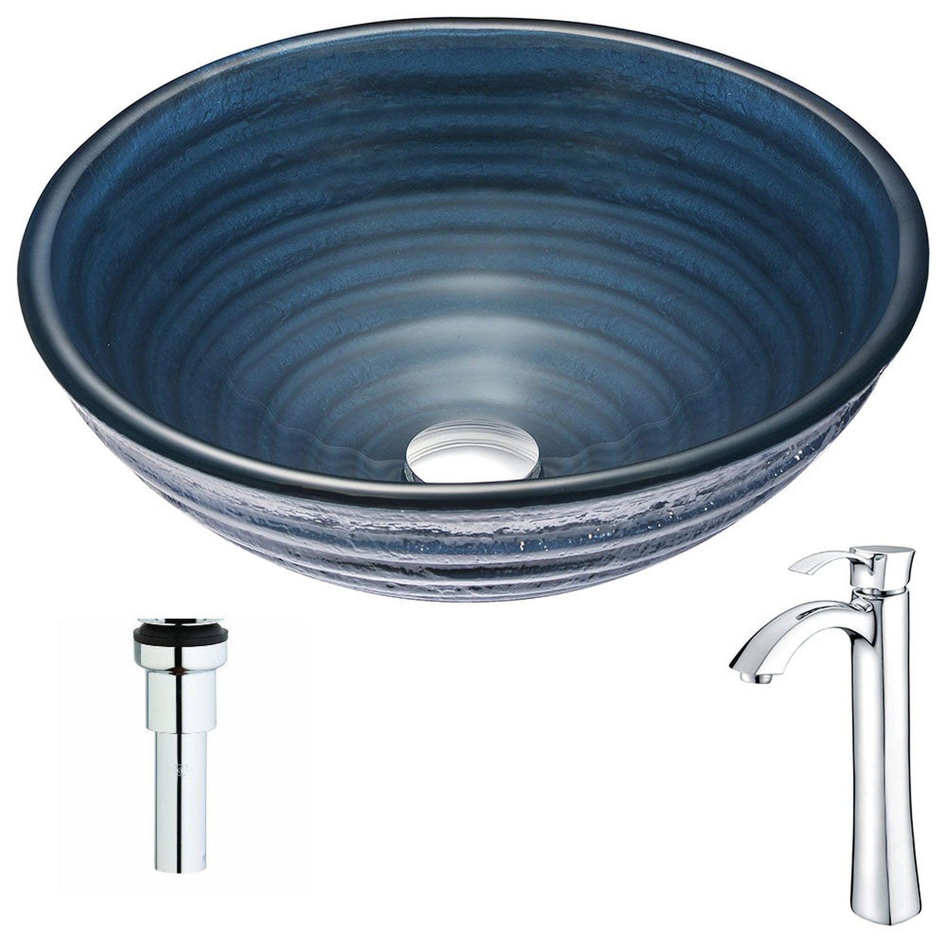 ANZZI Tempo Series 17" x 17" Round Coiled Blue Deco-Glass Vessel Sink With Polished Chrome Pop-Up Drain and Harmony Faucet