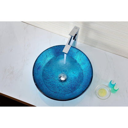 ANZZI Tereali Series 17" x 17" Round Blue Ice Deco-Glass Vessel Sink With Polished Chrome Pop-Up Drain