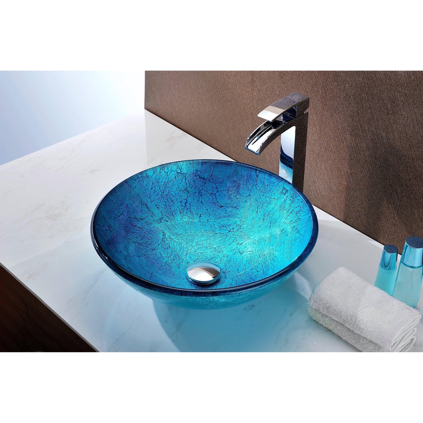 ANZZI Tereali Series 17" x 17" Round Blue Ice Deco-Glass Vessel Sink With Polished Chrome Pop-Up Drain