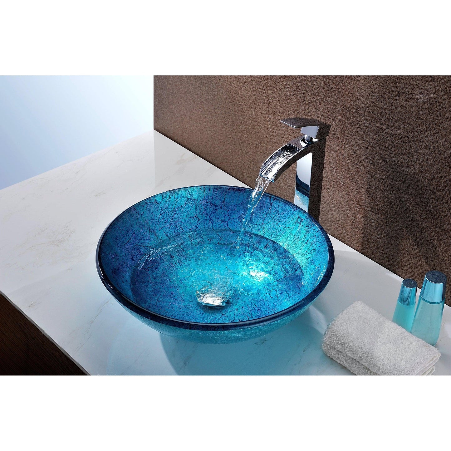 ANZZI Tereali Series 17" x 17" Round Blue Ice Deco-Glass Vessel Sink With Polished Chrome Pop-Up Drain