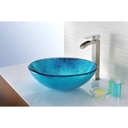 ANZZI Tereali Series 17" x 17" Round Blue Ice Deco-Glass Vessel Sink With Polished Chrome Pop-Up Drain