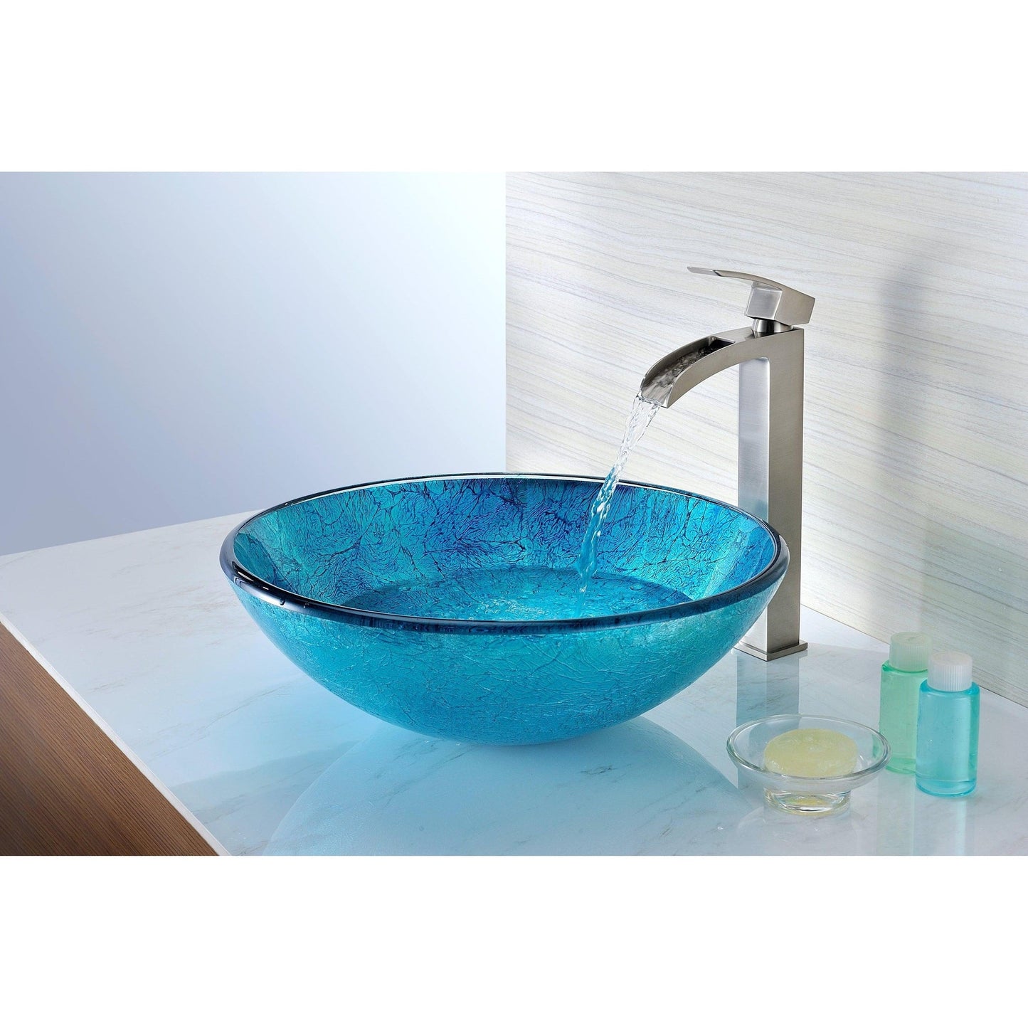 ANZZI Tereali Series 17" x 17" Round Blue Ice Deco-Glass Vessel Sink With Polished Chrome Pop-Up Drain