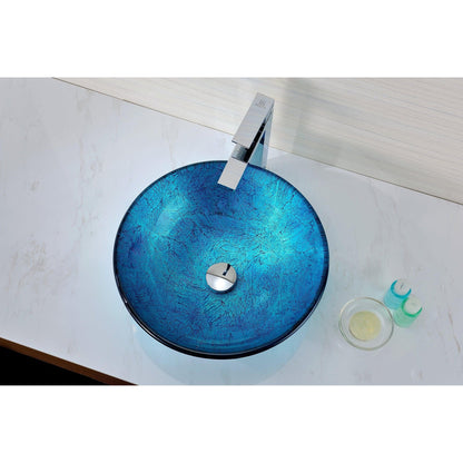 ANZZI Tereali Series 17" x 17" Round Blue Ice Deco-Glass Vessel Sink With Polished Chrome Pop-Up Drain