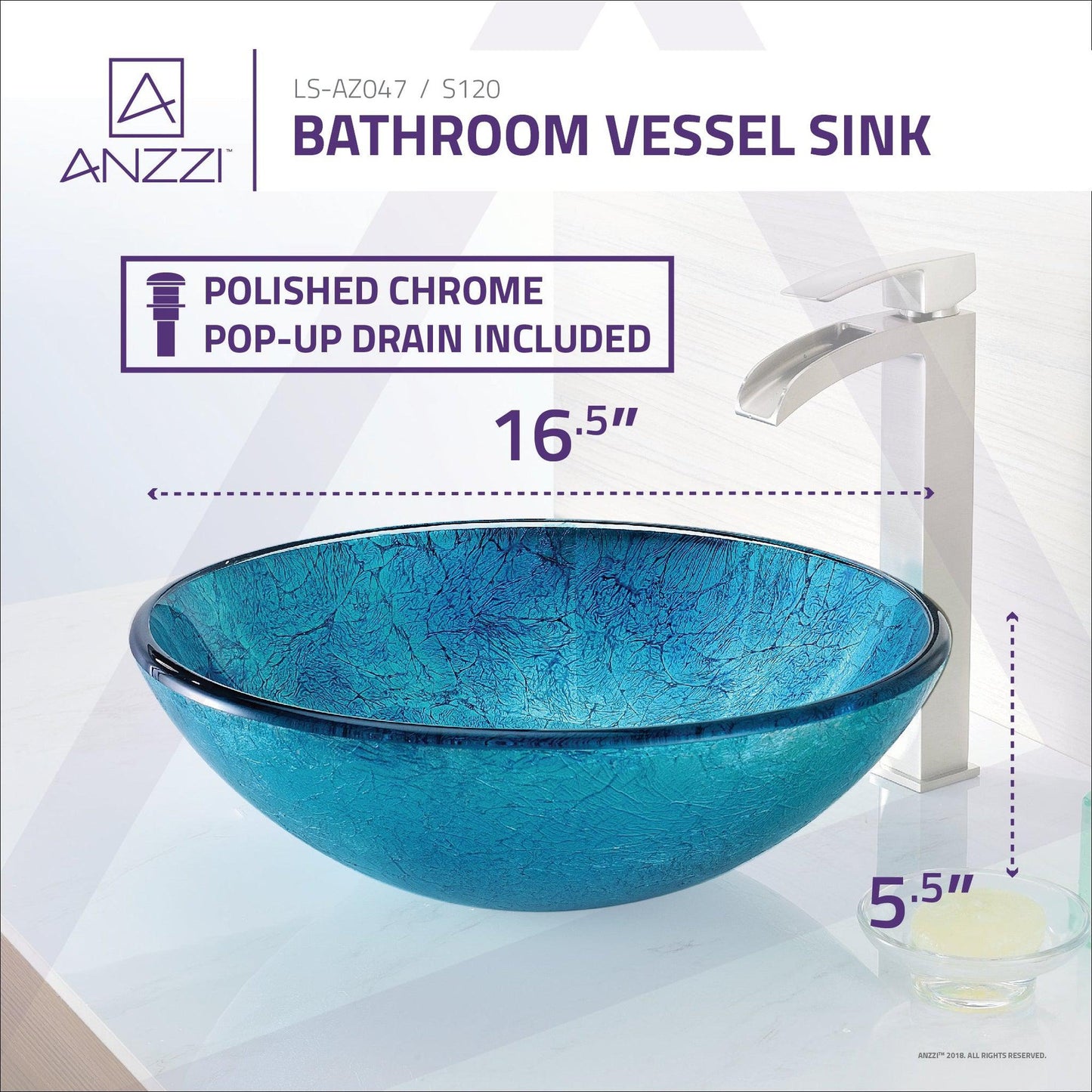 ANZZI Tereali Series 17" x 17" Round Blue Ice Deco-Glass Vessel Sink With Polished Chrome Pop-Up Drain