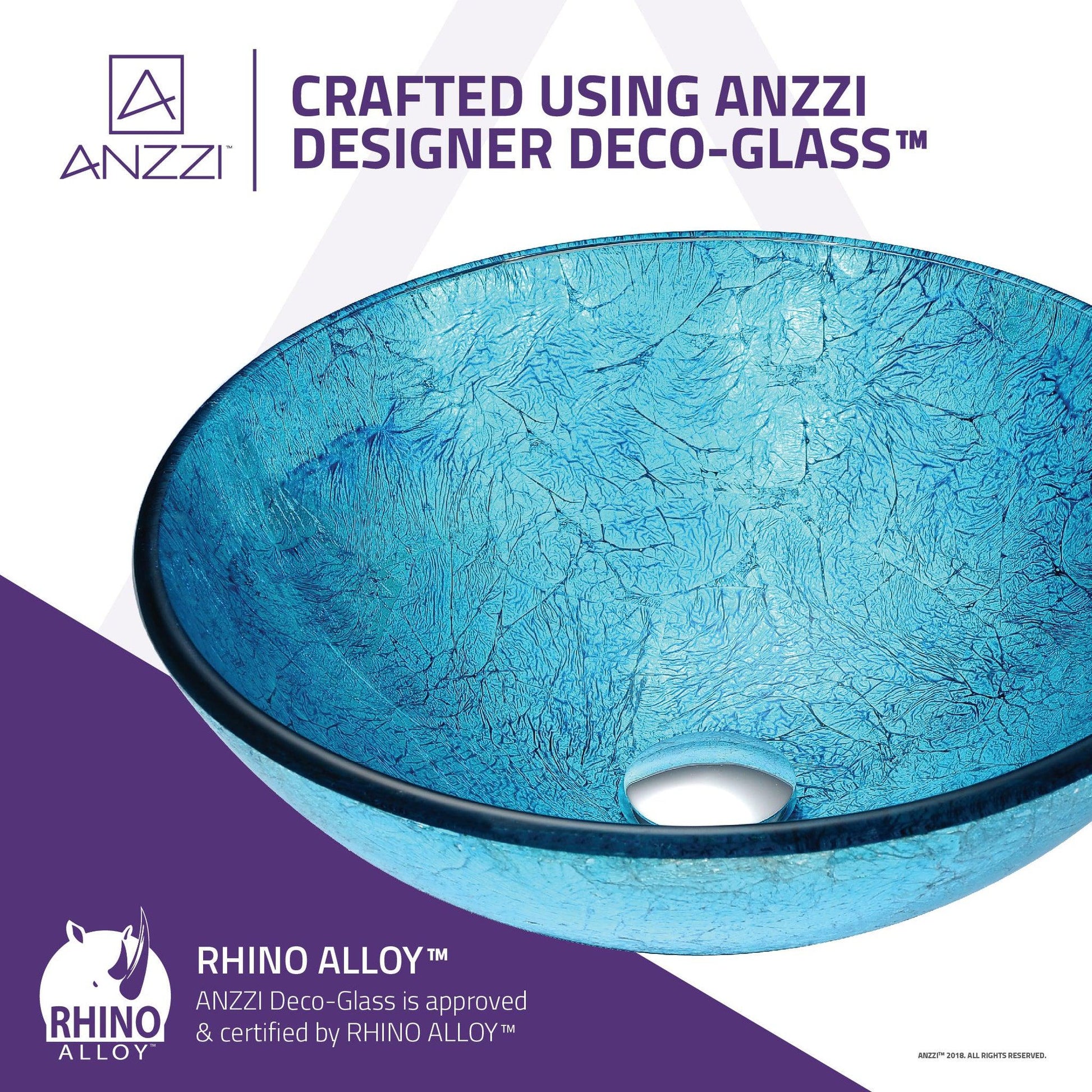 ANZZI Tereali Series 17" x 17" Round Blue Ice Deco-Glass Vessel Sink With Polished Chrome Pop-Up Drain