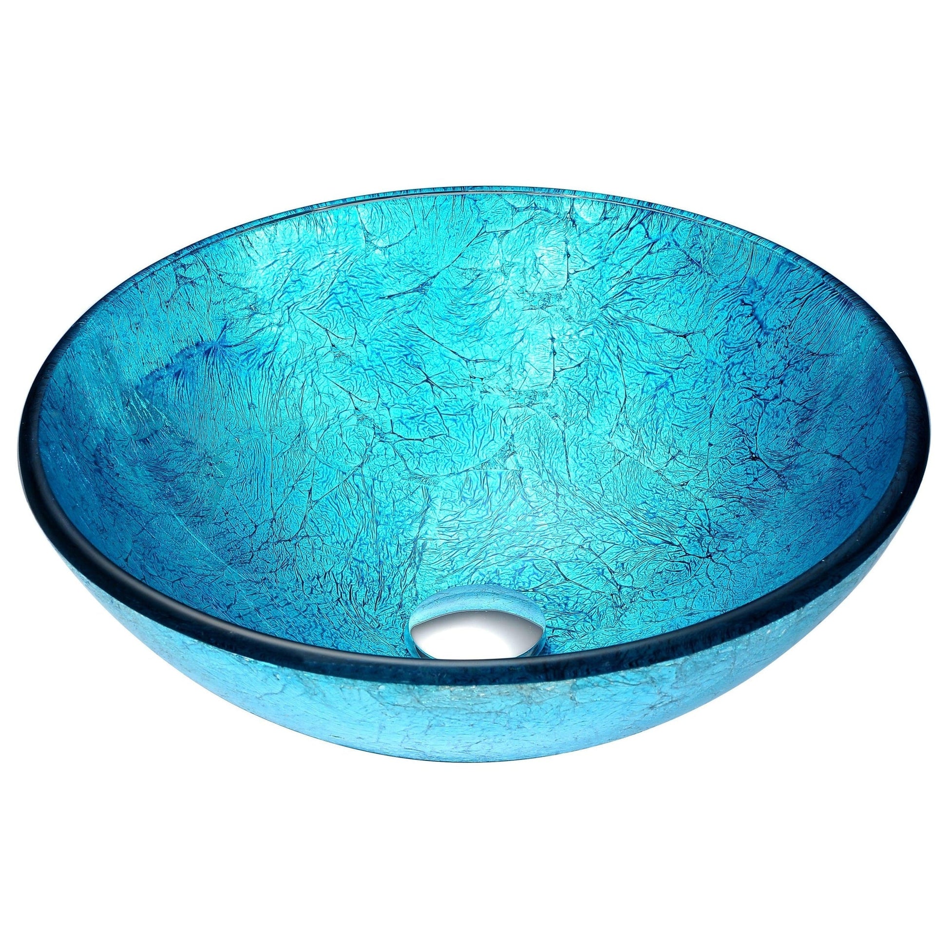 ANZZI Tereali Series 17" x 17" Round Blue Ice Deco-Glass Vessel Sink With Polished Chrome Pop-Up Drain