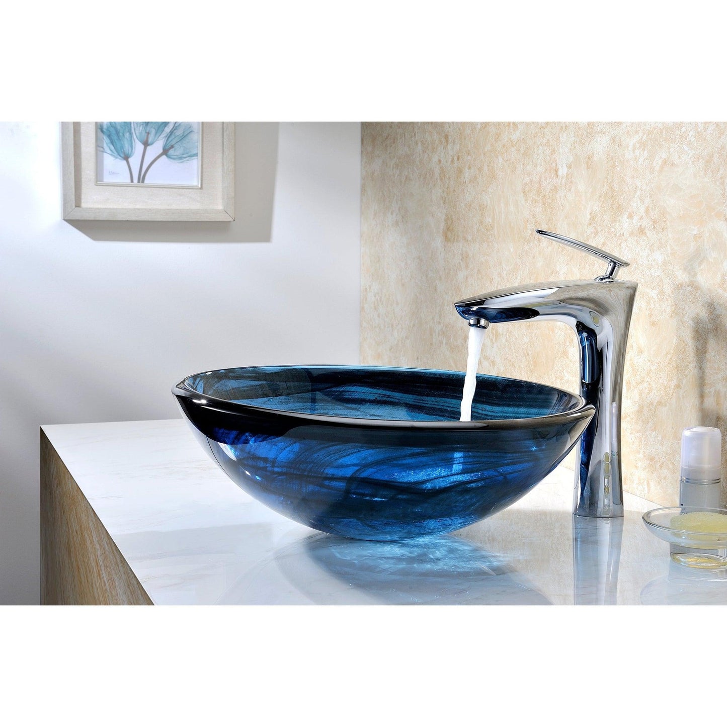 ANZZI Thalu Series 17" x 17" Round Sapphire Wisp Deco-Glass Vessel Sink With Polished Chrome Pop-Up Drain