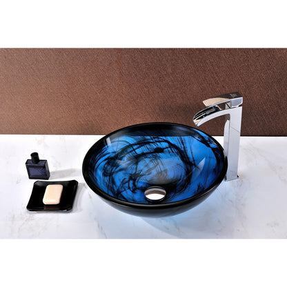 ANZZI Thalu Series 17" x 17" Round Sapphire Wisp Deco-Glass Vessel Sink With Polished Chrome Pop-Up Drain