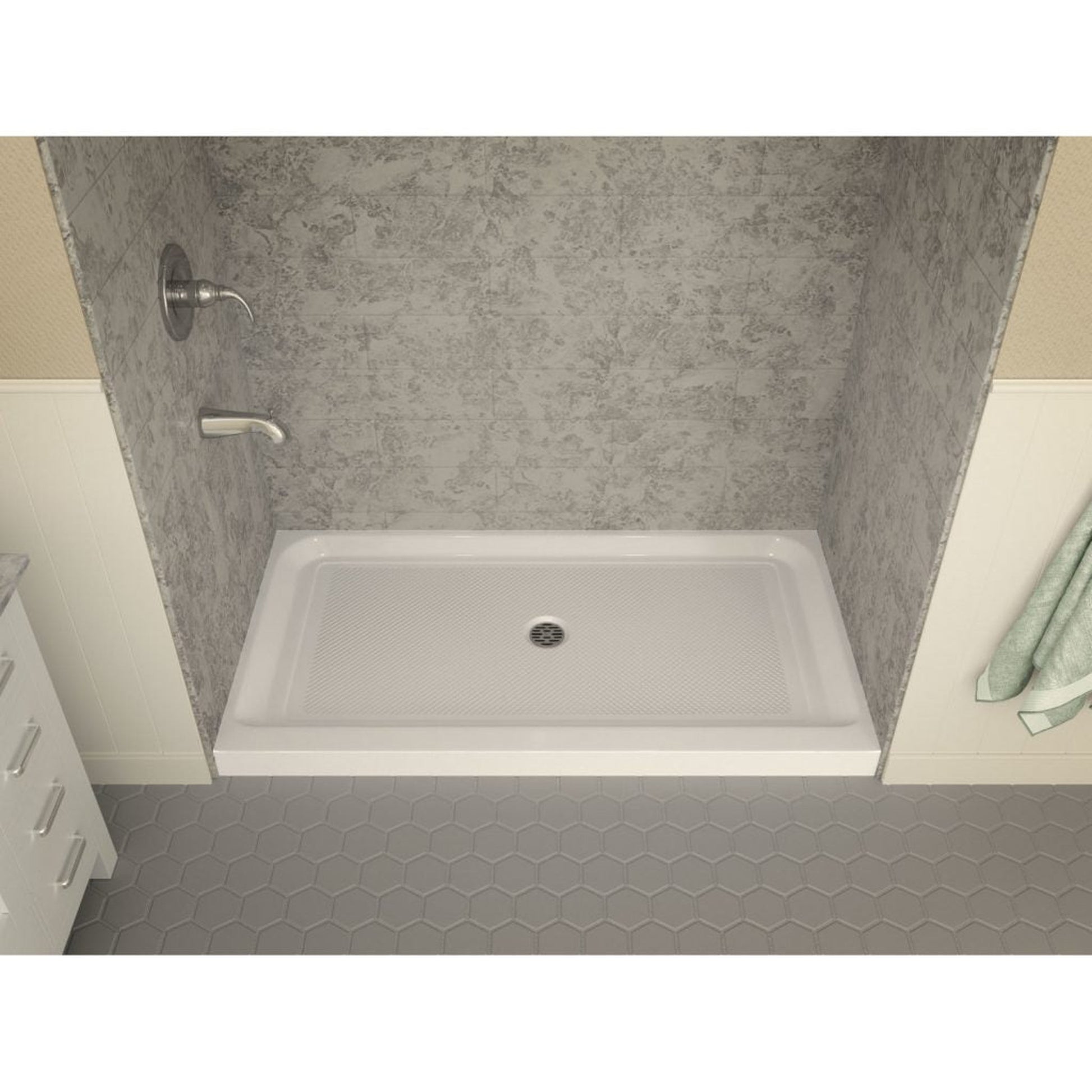 ANZZI Tier Series 32" x 60" Center Drain Single Threshold White Shower Base With Built-in Tile Flange