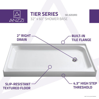 ANZZI Tier Series 32" x 60" Right Drain Single Threshold White Shower Base With Built-in Tile Flange