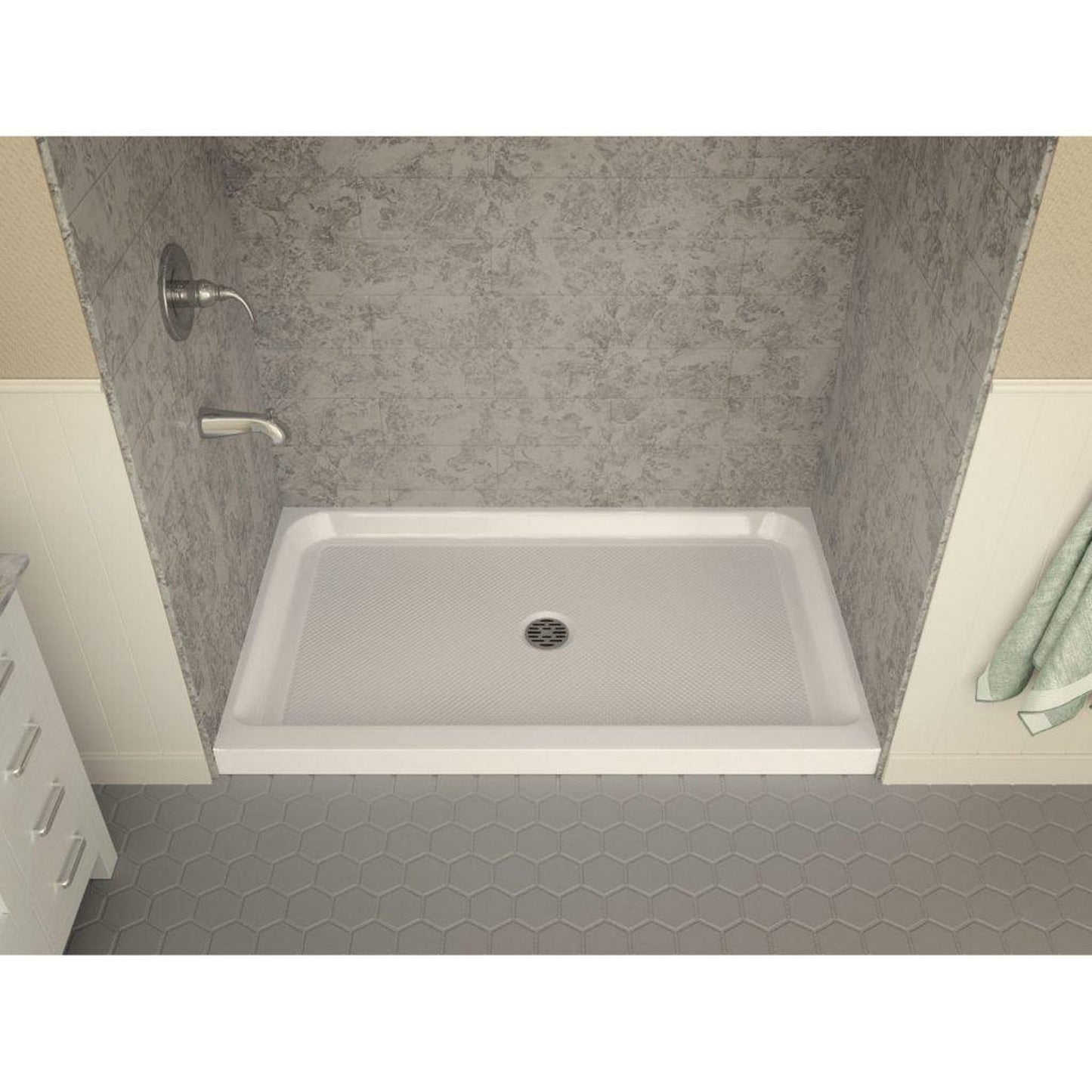 ANZZI Tier Series 36" x 60" Center Drain Single Threshold White Shower Base With Built-in Tile Flange