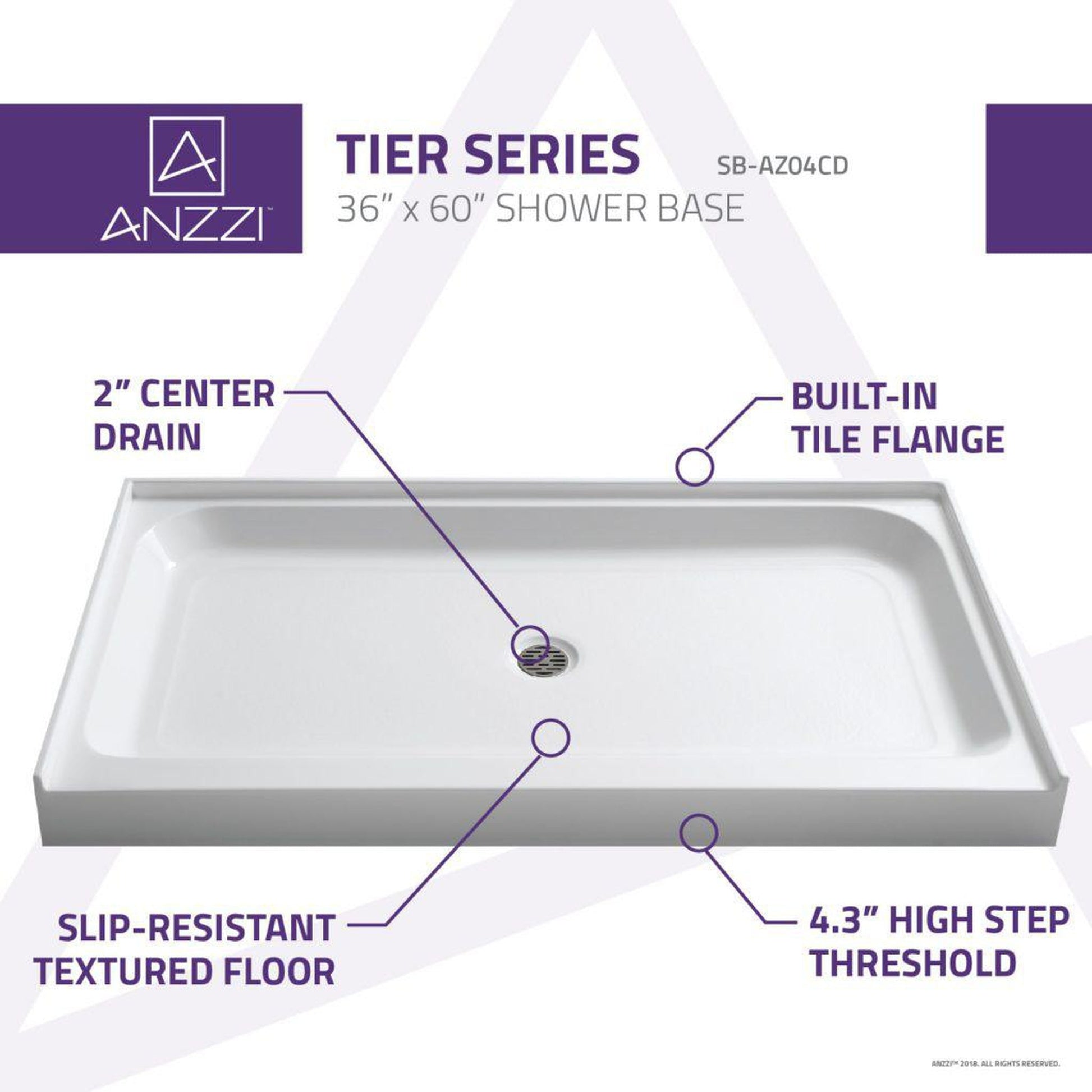 ANZZI Tier Series 36" x 60" Center Drain Single Threshold White Shower Base With Built-in Tile Flange