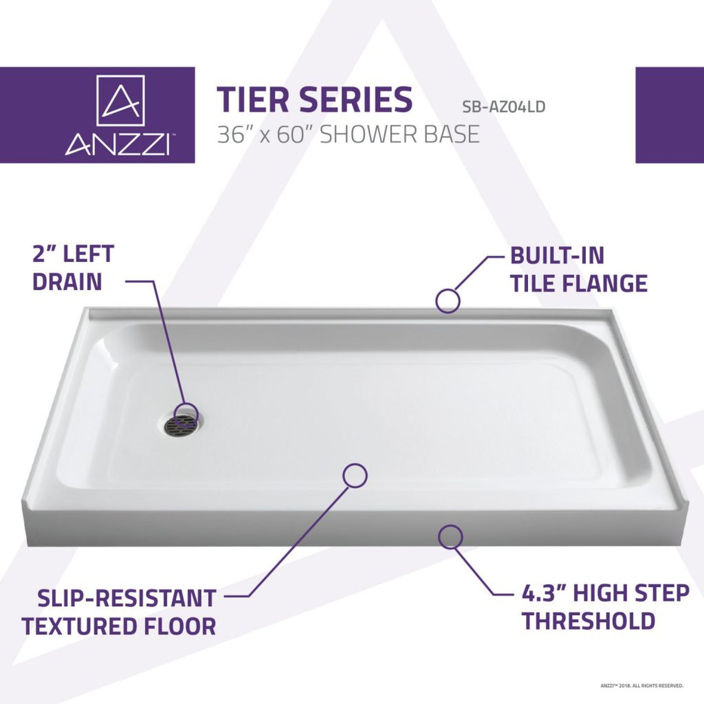 ANZZI Tier Series 36" x 60" Left Drain Single Threshold White Shower Base With Built-in Tile Flange