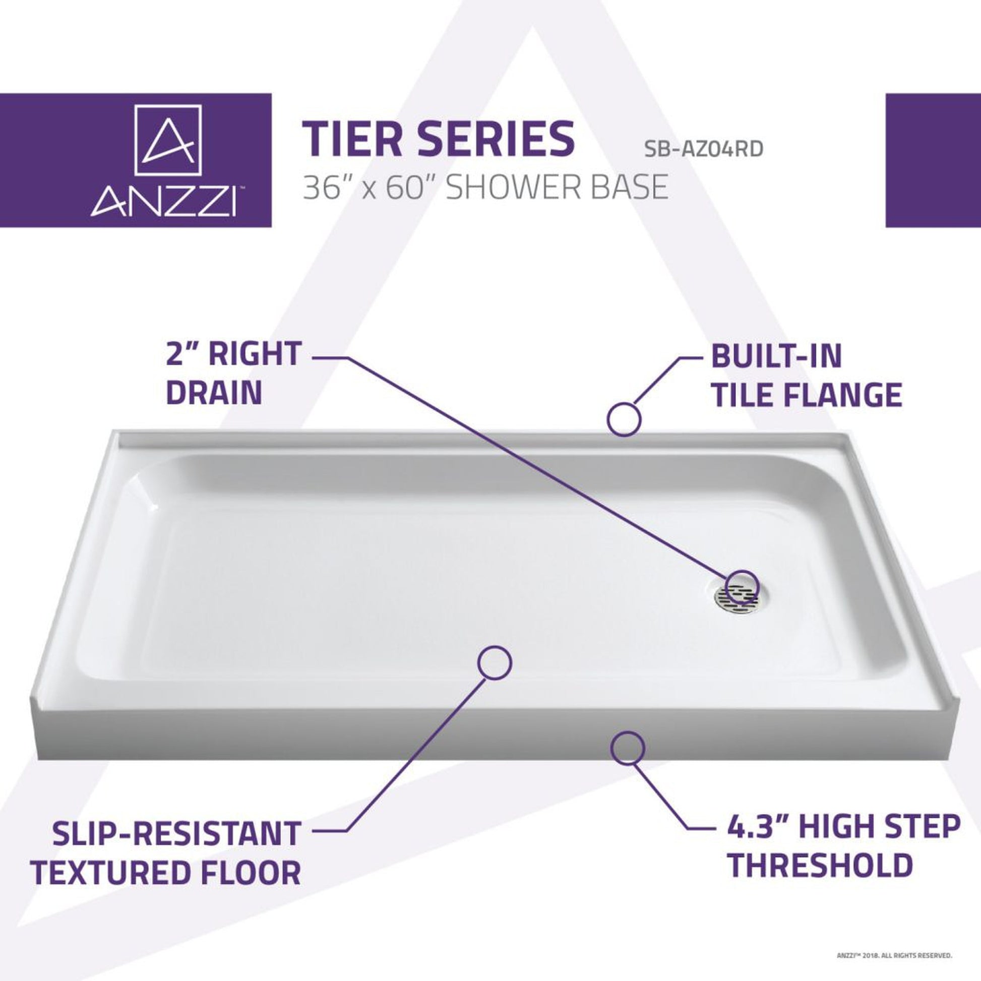 ANZZI Tier Series 36" x 60" Right Drain Single Threshold White Shower Base With Built-in Tile Flange