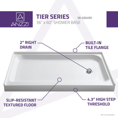 ANZZI Tier Series 36" x 60" Right Drain Single Threshold White Shower Base With Built-in Tile Flange