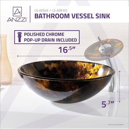 ANZZI Timbre Series 17" x 17" Round Kindled Amber Deco-Glass Vessel Sink With Polished Chrome Pop-Up Drain and Waterfall Faucet