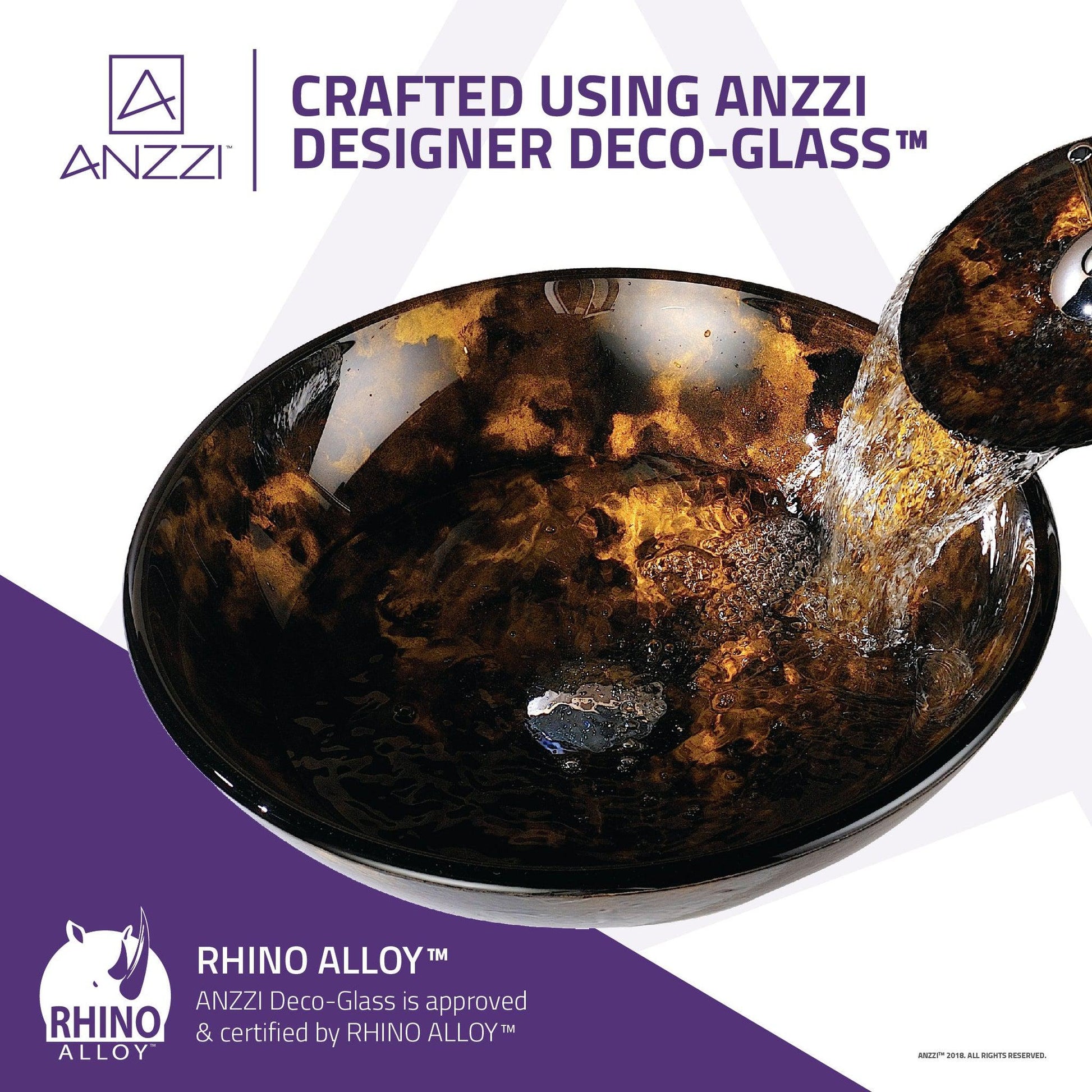 ANZZI Timbre Series 17" x 17" Round Kindled Amber Deco-Glass Vessel Sink With Polished Chrome Pop-Up Drain and Waterfall Faucet