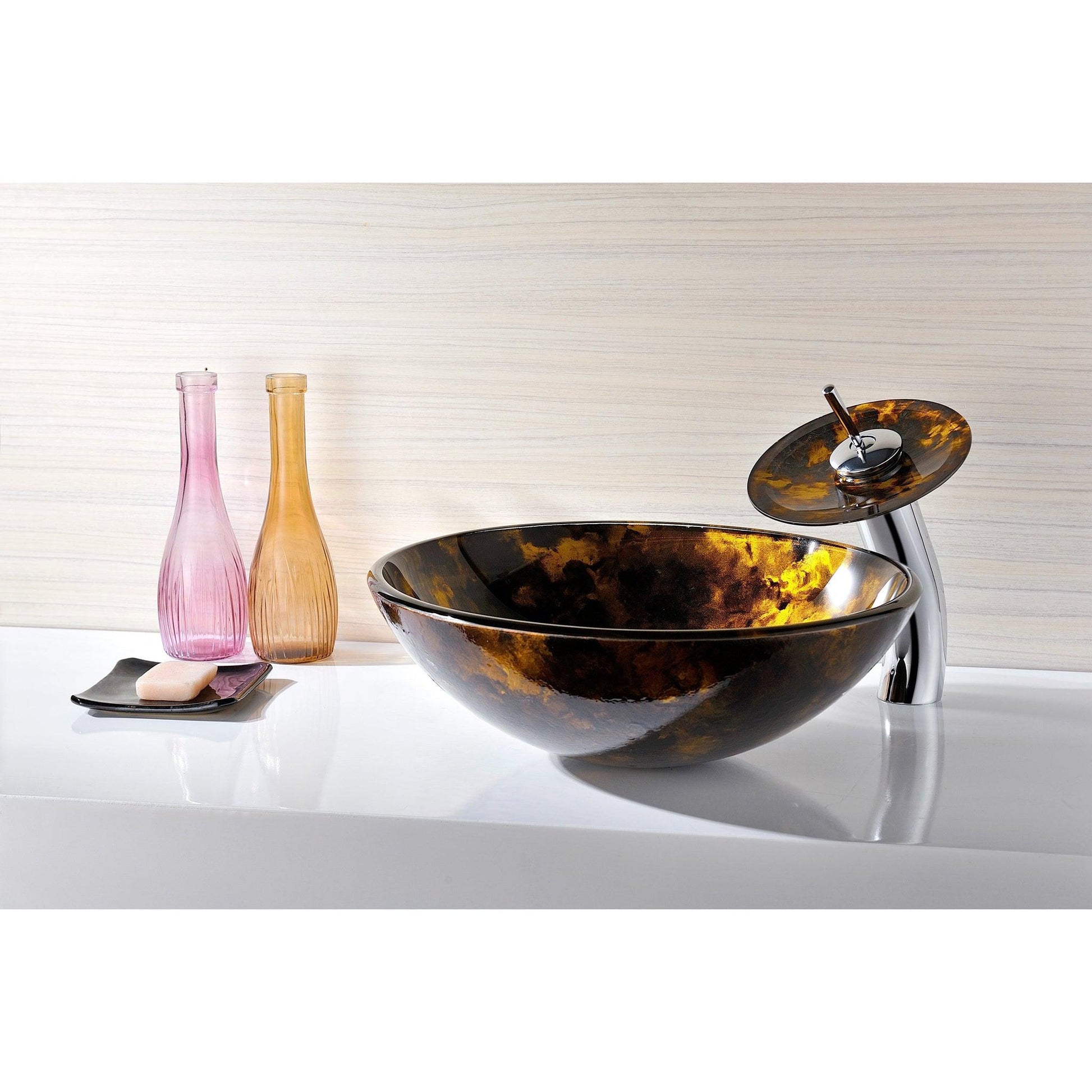 ANZZI Timbre Series 17" x 17" Round Kindled Amber Deco-Glass Vessel Sink With Polished Chrome Pop-Up Drain and Waterfall Faucet