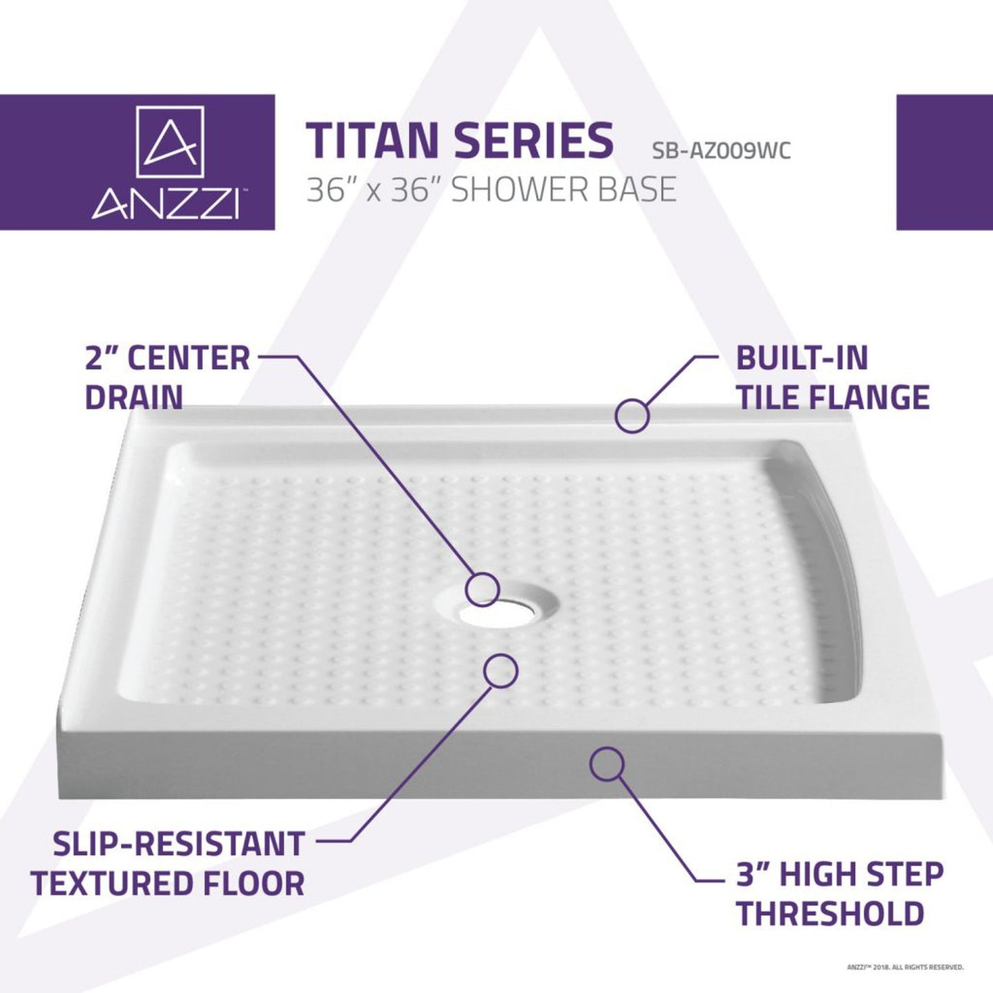 ANZZI Titan Series 36" x 36" Center Drain Without Cover Double Threshold White Shower Base With Built-in Tile Flange