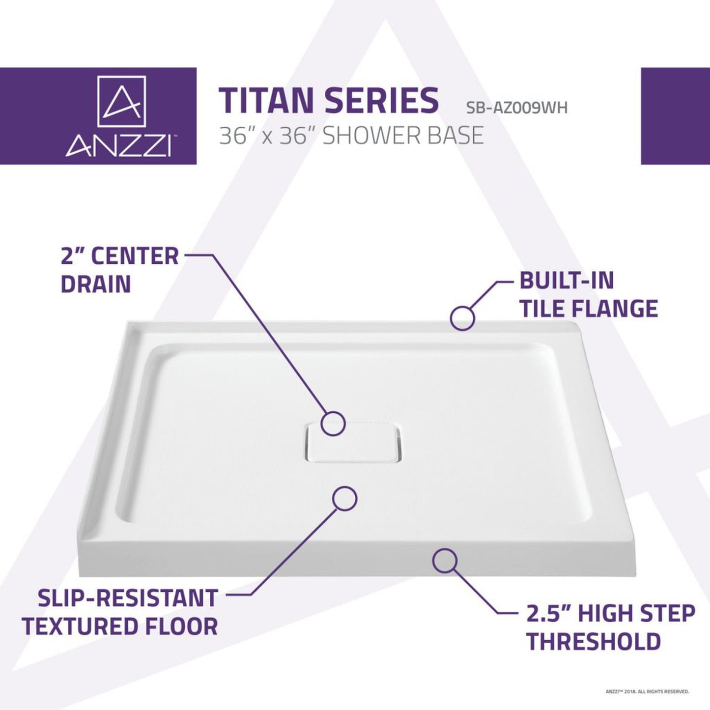 ANZZI Titan Series 36" x 36" Center Side Drain With Cover Double Threshold White Shower Base With Built-in Tile Flange