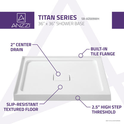 ANZZI Titan Series 36" x 36" Center Side Drain With Cover Double Threshold White Shower Base With Built-in Tile Flange