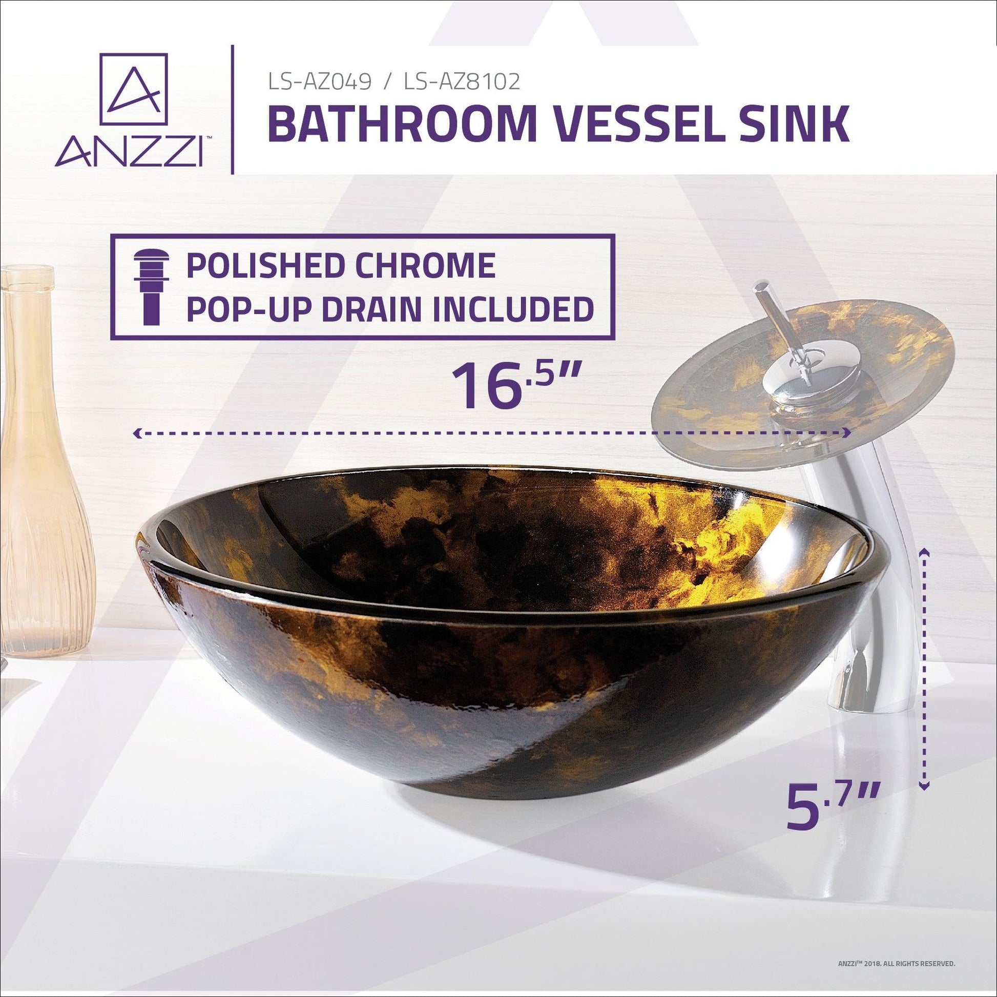 ANZZI Toa Series 17" x 17" Round Kindled Amber Deco-Glass Vessel Sink With Polished Chrome Pop-Up Drain and Waterfall Faucet