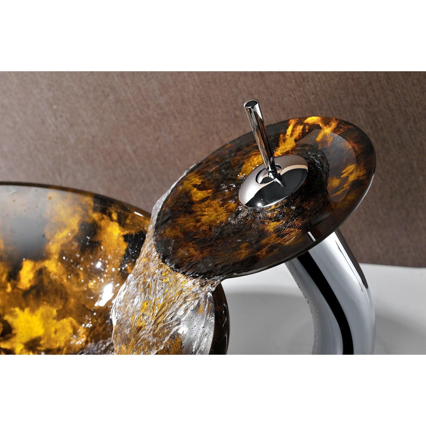 ANZZI Toa Series 17" x 17" Round Kindled Amber Deco-Glass Vessel Sink With Polished Chrome Pop-Up Drain and Waterfall Faucet