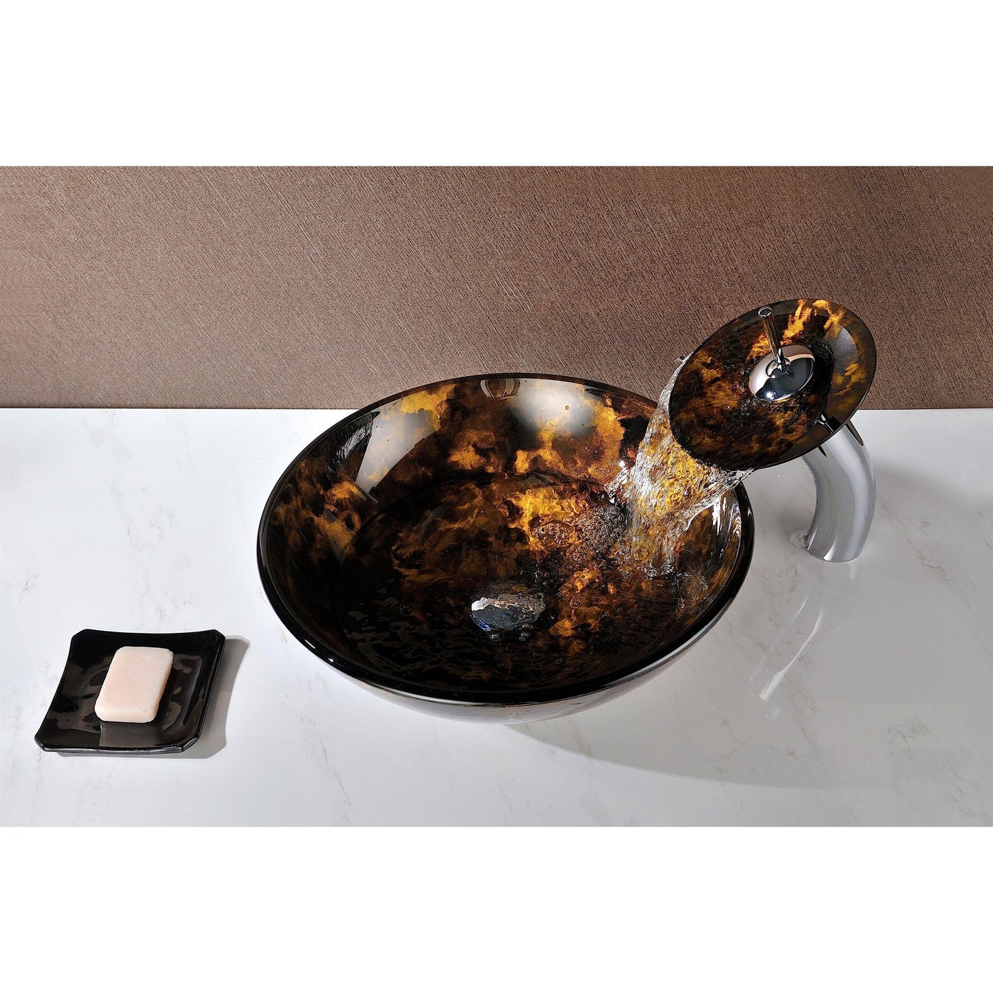 ANZZI Toa Series 17" x 17" Round Kindled Amber Deco-Glass Vessel Sink With Polished Chrome Pop-Up Drain and Waterfall Faucet