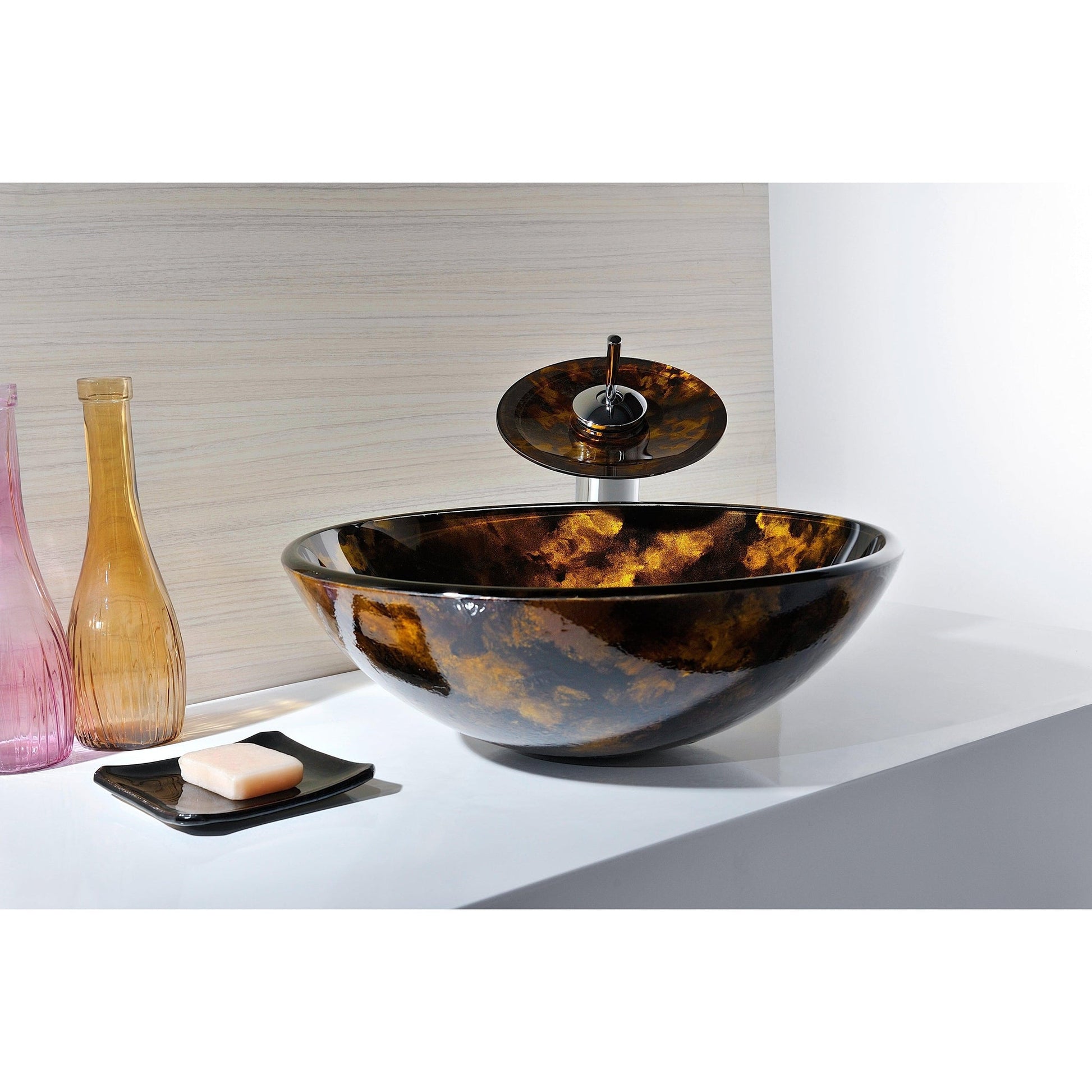 ANZZI Toa Series 17" x 17" Round Kindled Amber Deco-Glass Vessel Sink With Polished Chrome Pop-Up Drain and Waterfall Faucet