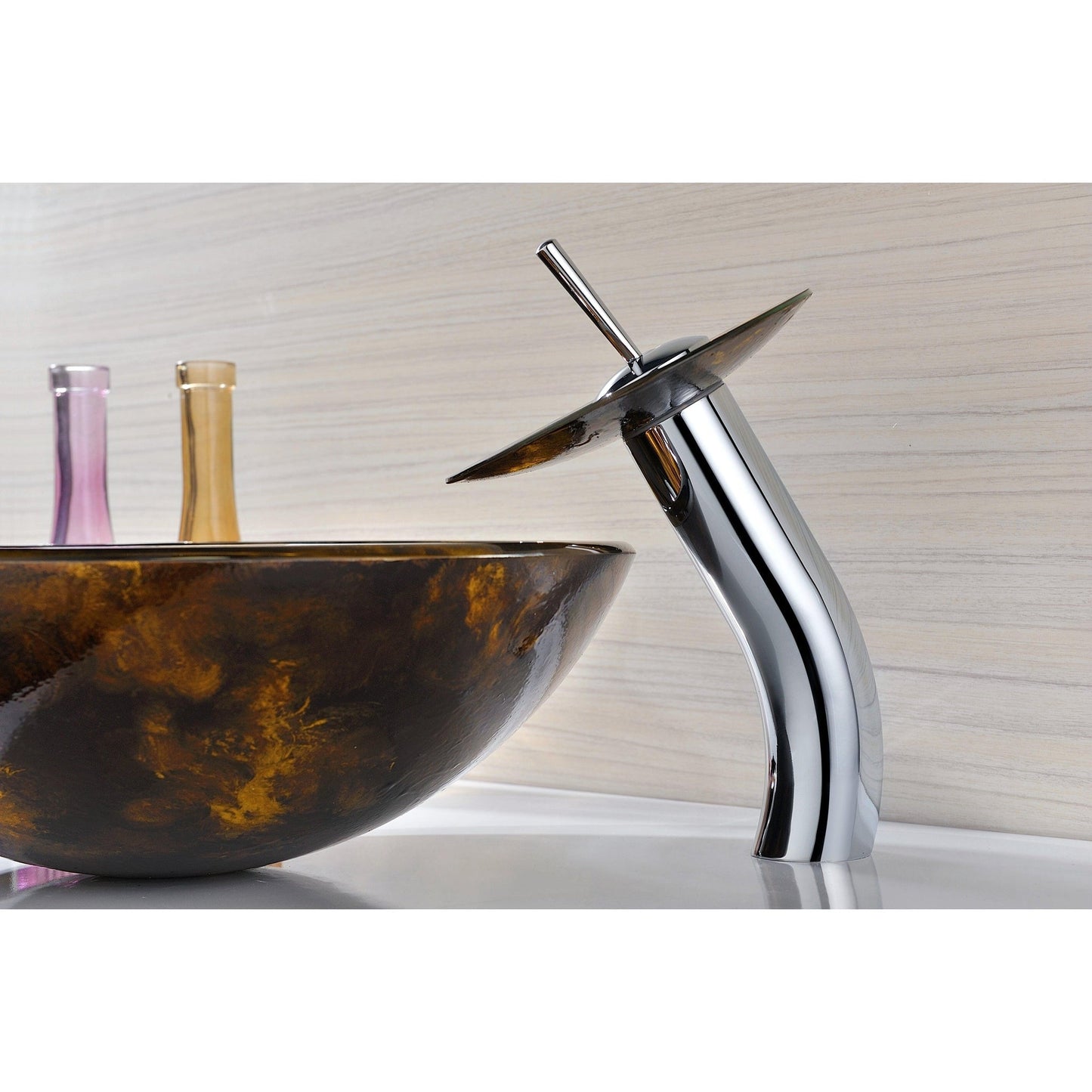 ANZZI Toa Series 17" x 17" Round Kindled Amber Deco-Glass Vessel Sink With Polished Chrome Pop-Up Drain and Waterfall Faucet