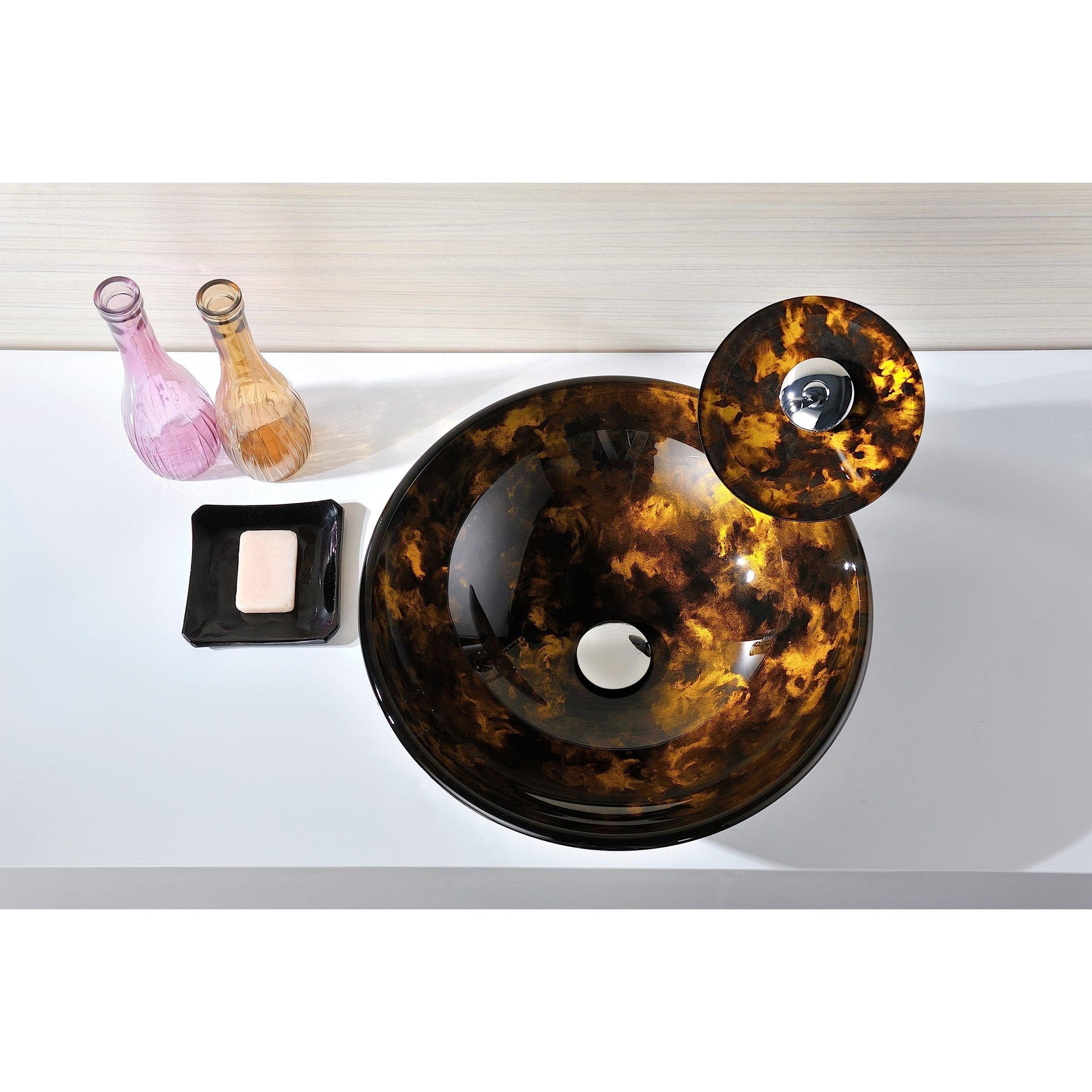 ANZZI Toa Series 17" x 17" Round Kindled Amber Deco-Glass Vessel Sink With Polished Chrome Pop-Up Drain and Waterfall Faucet