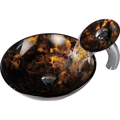 ANZZI Toa Series 17" x 17" Round Kindled Amber Deco-Glass Vessel Sink With Polished Chrome Pop-Up Drain and Waterfall Faucet