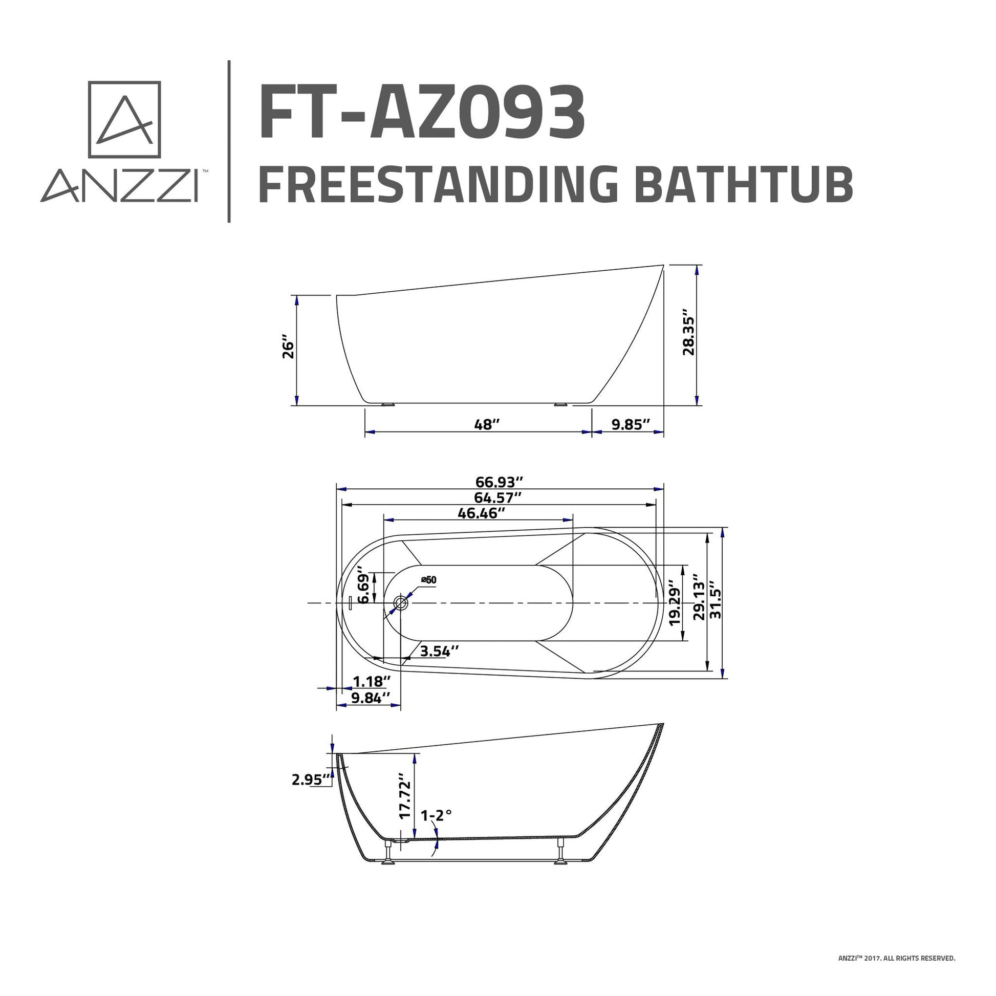 ANZZI Trend Series 67" x 32" Glossy White Freestanding Bathtub With Built-In Overflow and Pop-Up Drain