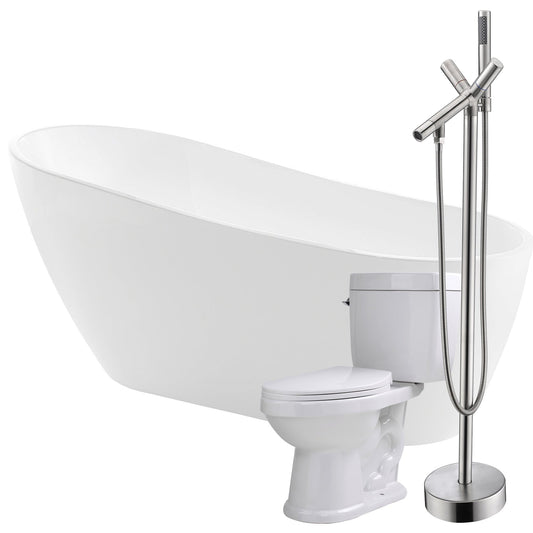 ANZZI Trend Series 67" x 32" Glossy White Freestanding Bathtub With Havasu Bathtub Faucet and Talos Toilet