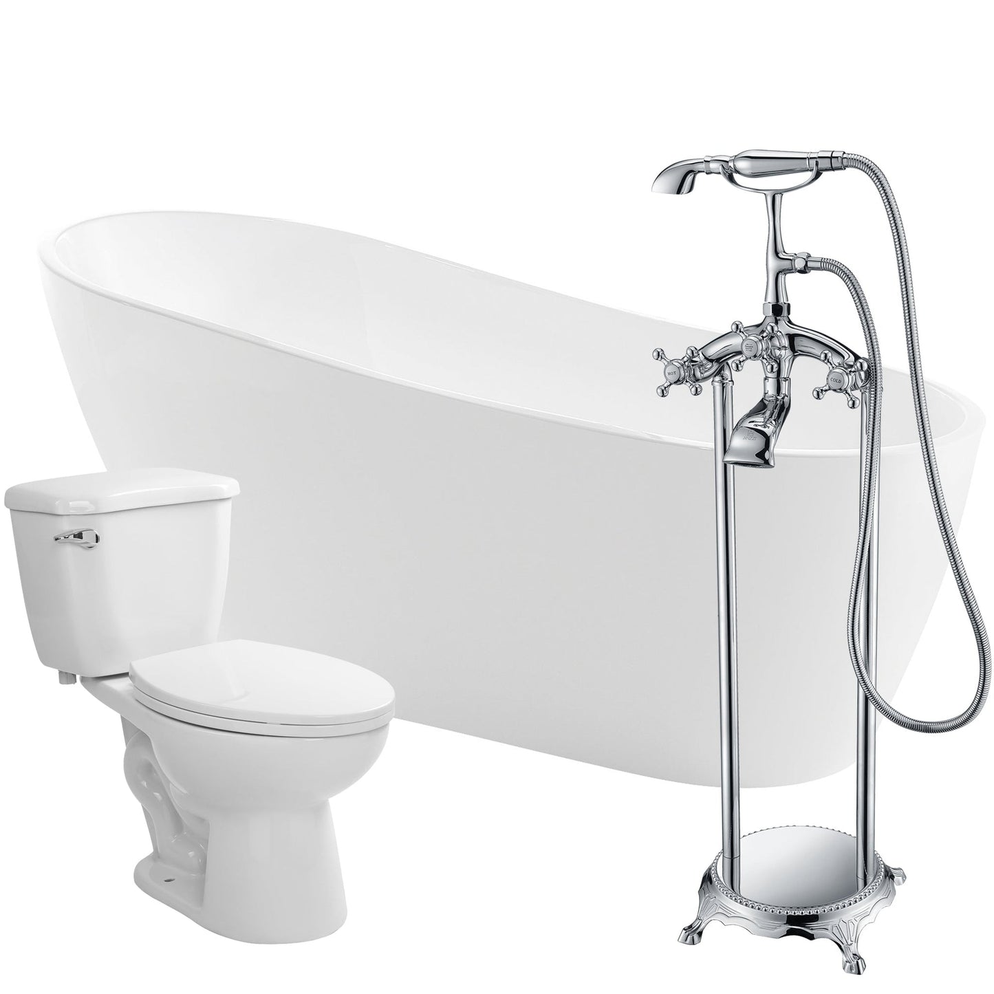 ANZZI Trend Series 67" x 32" Glossy White Freestanding Bathtub With Tugela Bathtub Faucet and Kame Toilet