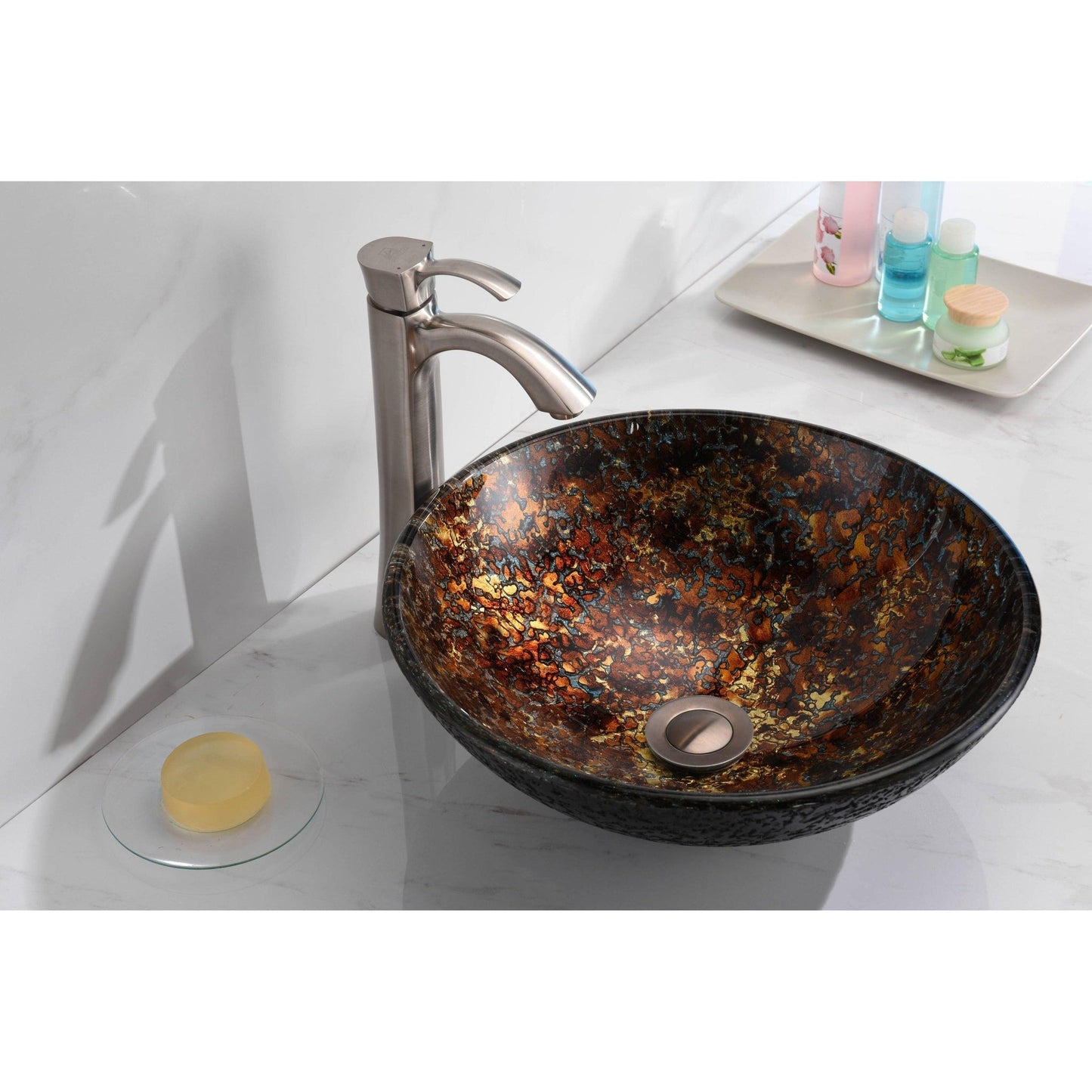 ANZZI Tuasavi Series 17" x 17" Round Molten Gold Deco-Glass Vessel Sink With Polished Chrome Pop-Up Drain