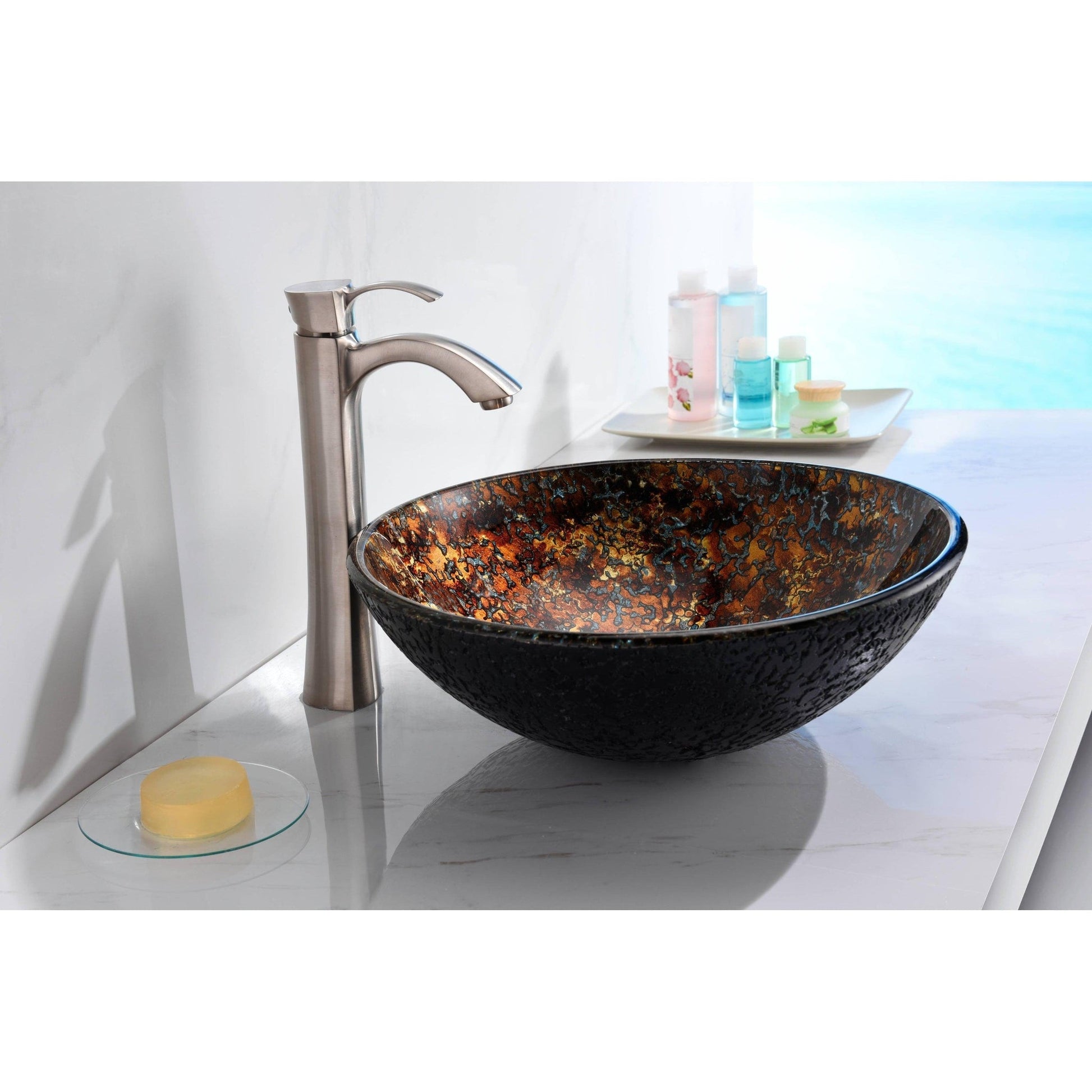 ANZZI Tuasavi Series 17" x 17" Round Molten Gold Deco-Glass Vessel Sink With Polished Chrome Pop-Up Drain